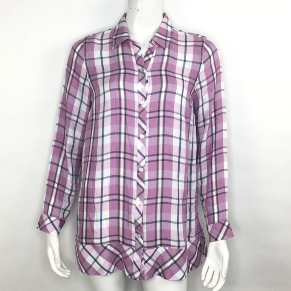 J. Jill Purple Plaid Shirt Top Tunic Size Medium Lightweight Spring Button Down